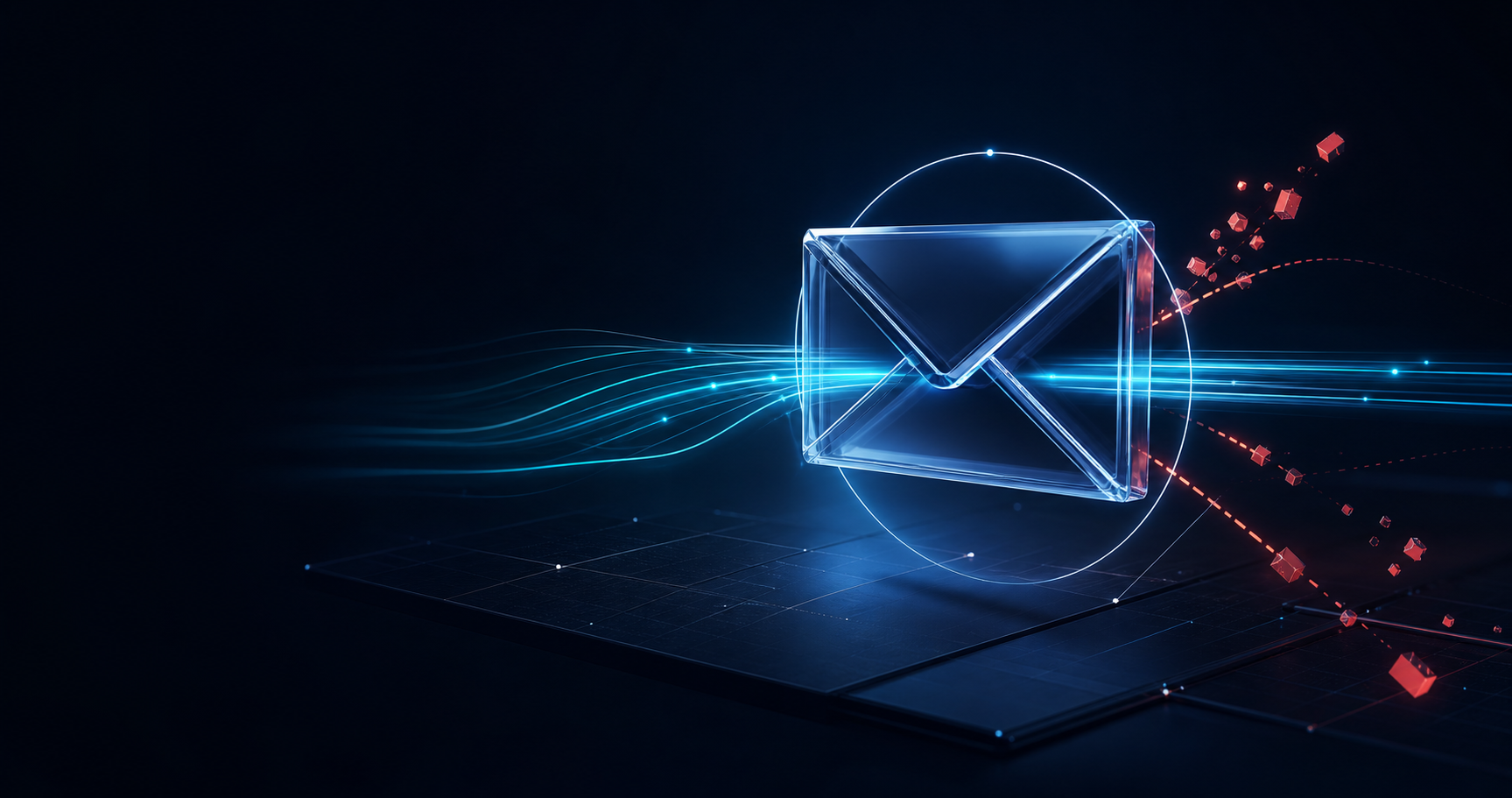 Abstract visualization of trusted email signals separating from malicious noise
